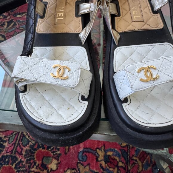 Chanel Dad Sandals Black White Tan Holographic Strap Euro Size 38 US Size 7.5 - Picture 11 of 13